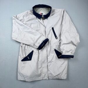 CS Essentials Parka Jacket Womens Large Tan Navy Vintage Zip Up Utility Coat